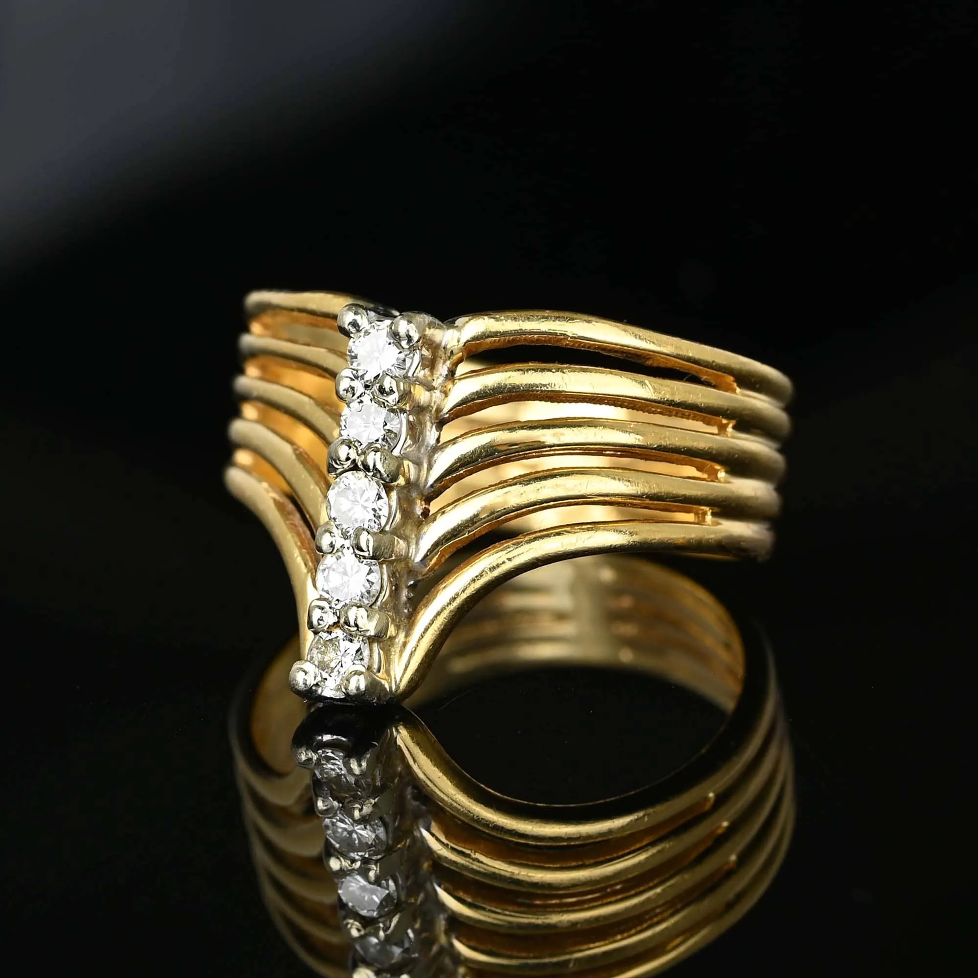 14K Gold Five Row Diamond Chevron Cocktail Ring