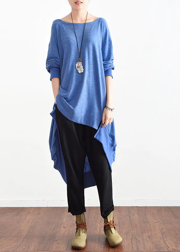 2021 autumn blue low high silk blouses oversized cotton blouses stylish tops