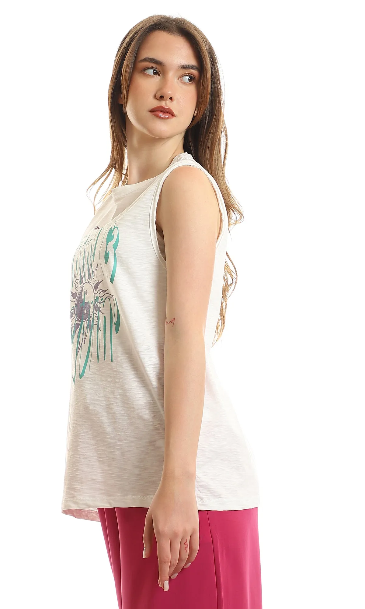 97817 Printed "Summer Time" Slip On Off-White Tank Top