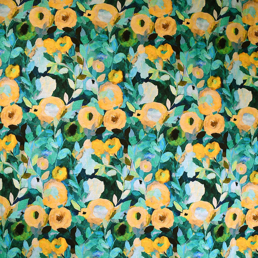 Abstract Vine Floral Digital Print Linen Blend Jade/Lemon