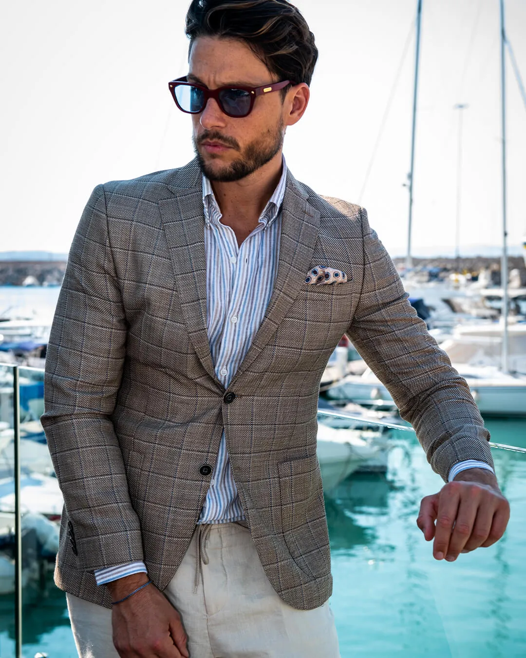 Beige Linen Blend Windowpane Check Jacket