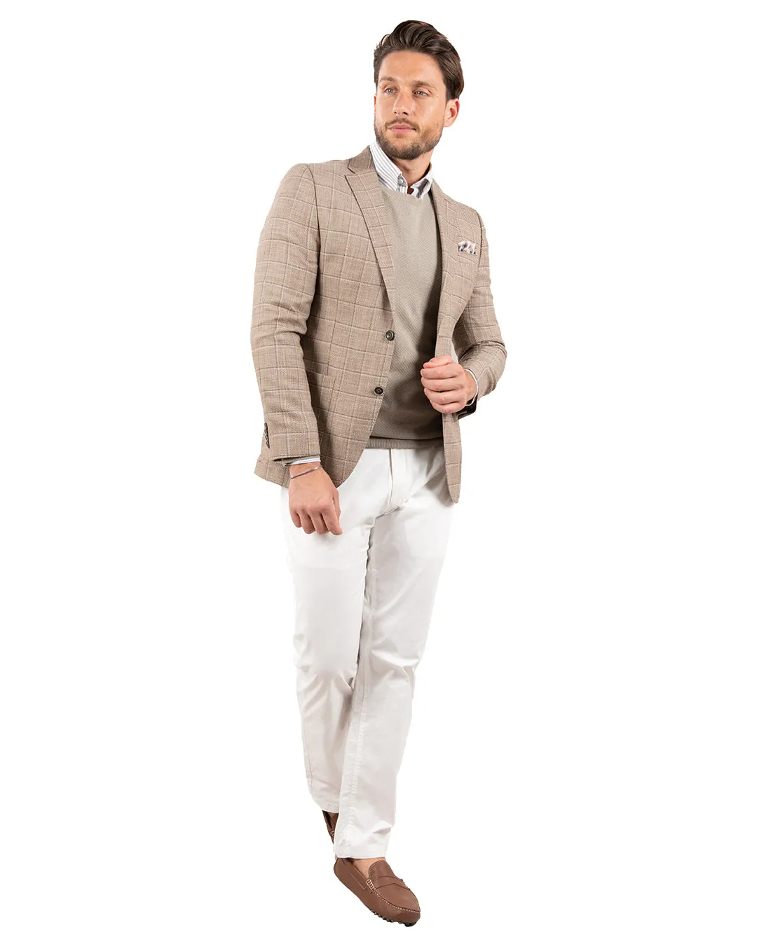 Beige Linen Blend Windowpane Check Jacket