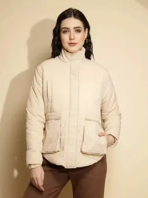 Beige Solid Full Sleeve Turtle Neck Puffer Jacket