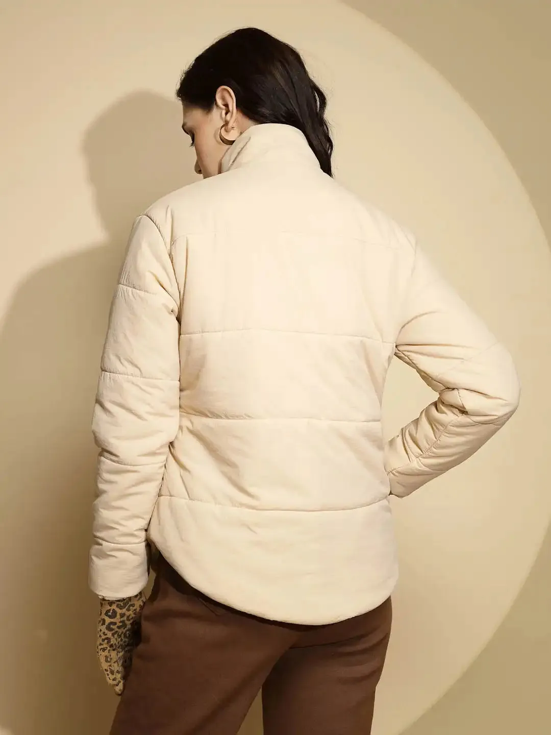 Beige Solid Full Sleeve Turtle Neck Puffer Jacket