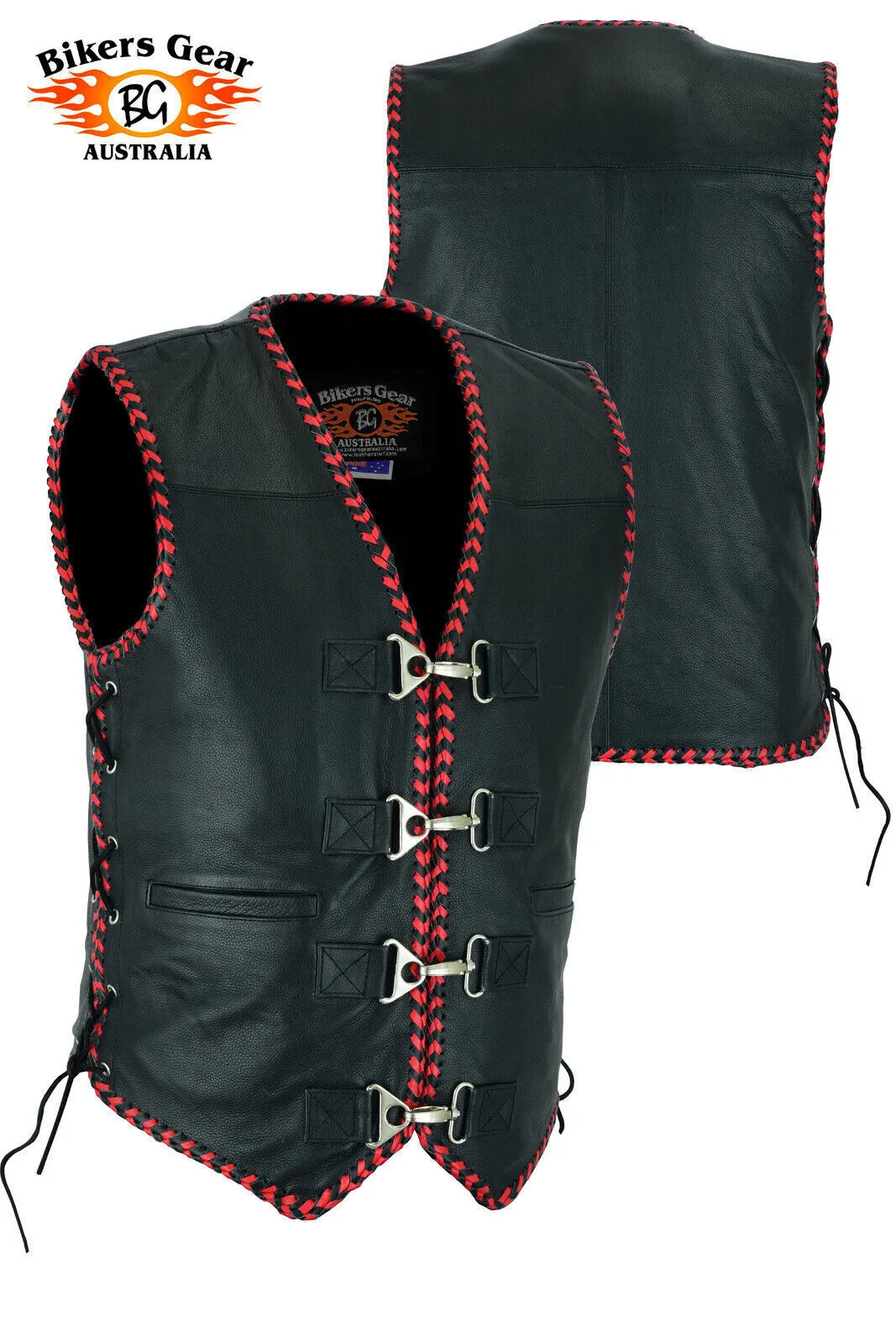 BGA Men's Rider Premium Leather Motorcycle Vests with Braiding and Clips