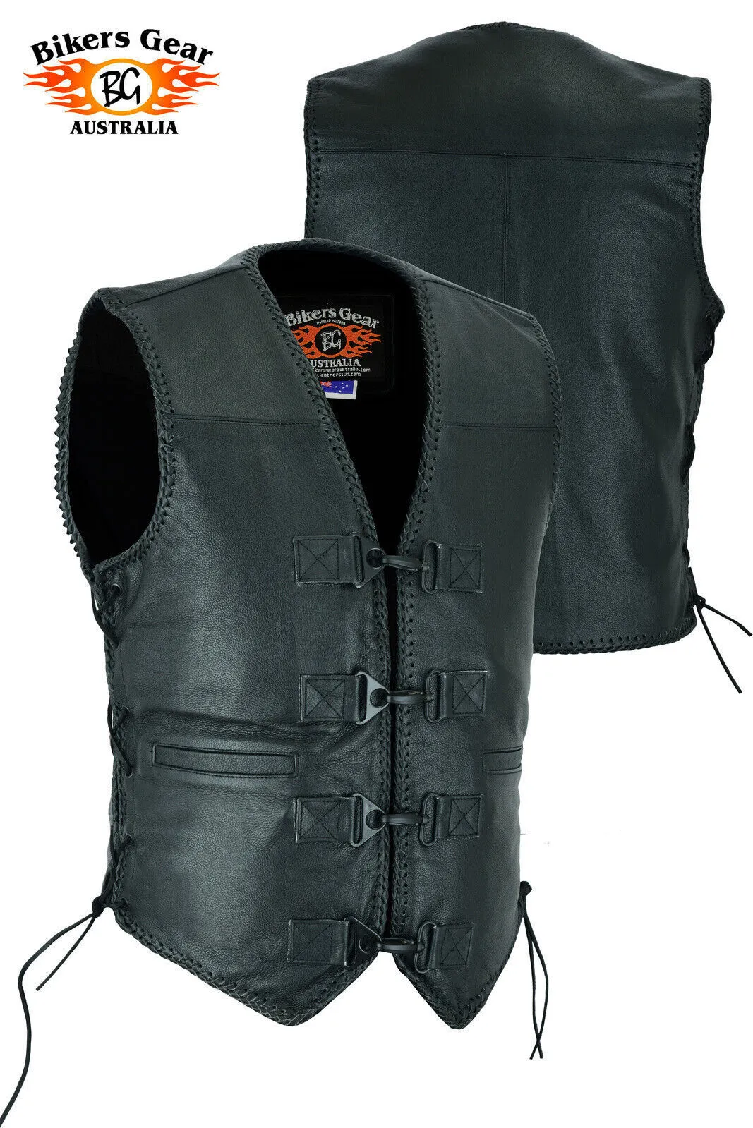 BGA Men's Rider Premium Leather Motorcycle Vests with Braiding and Clips