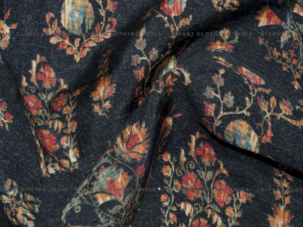 Black Floral Printed Raw Silk Fabric