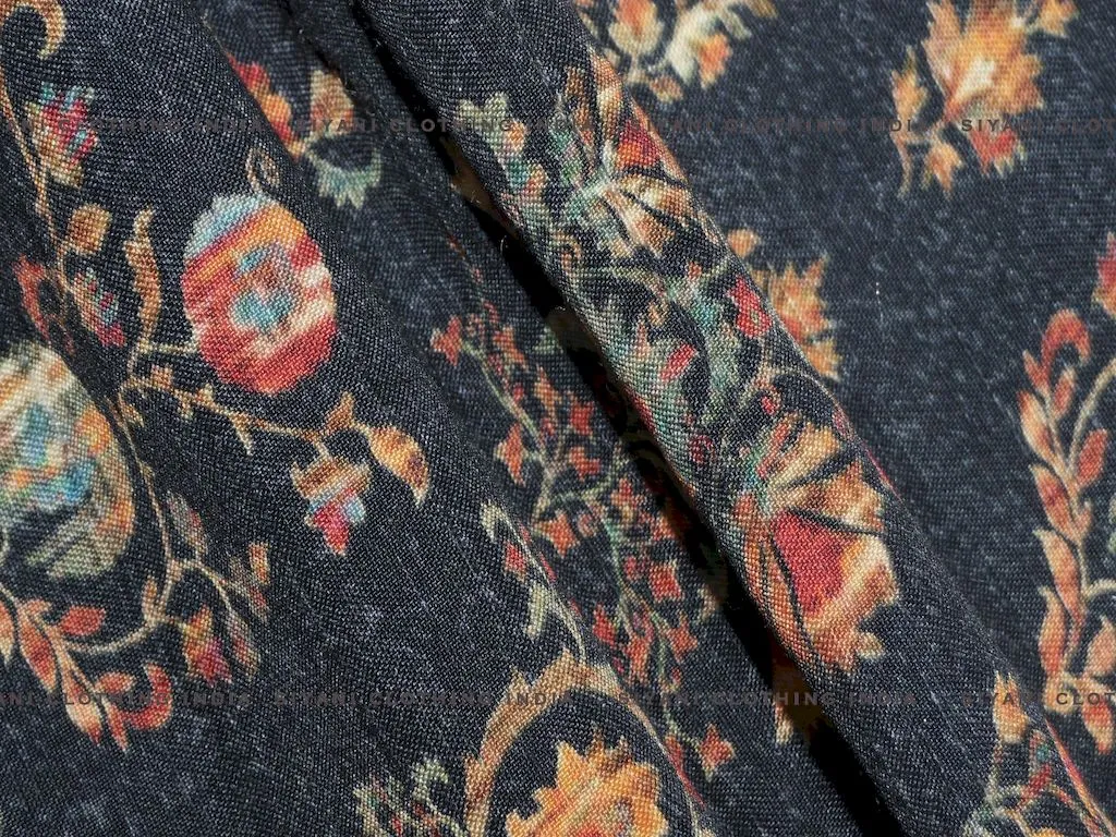 Black Floral Printed Raw Silk Fabric