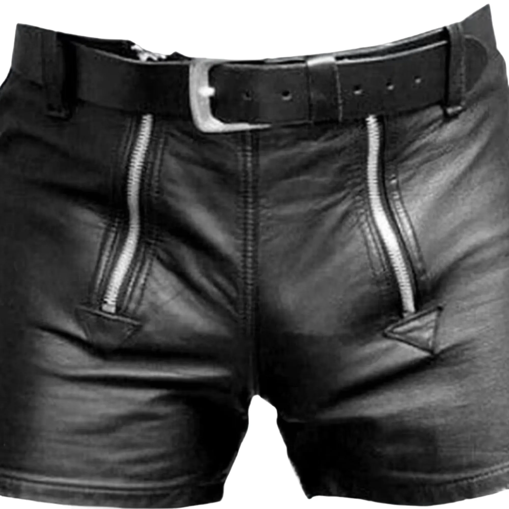 Black Mens Leather Shorts with Double Zipper