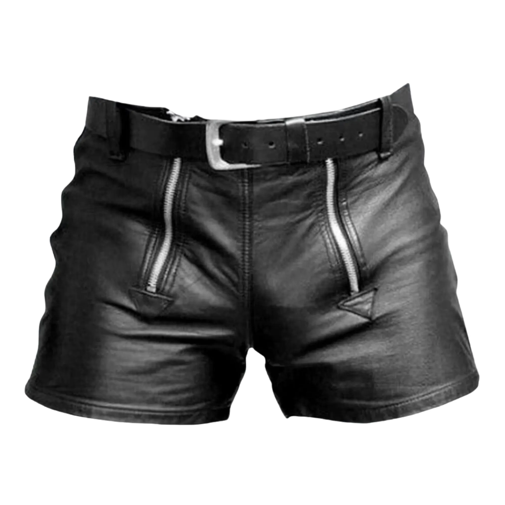 Black Mens Leather Shorts with Double Zipper