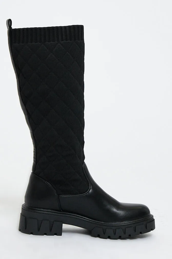 Black Quilted Detail Knee High Boots - Bethsy