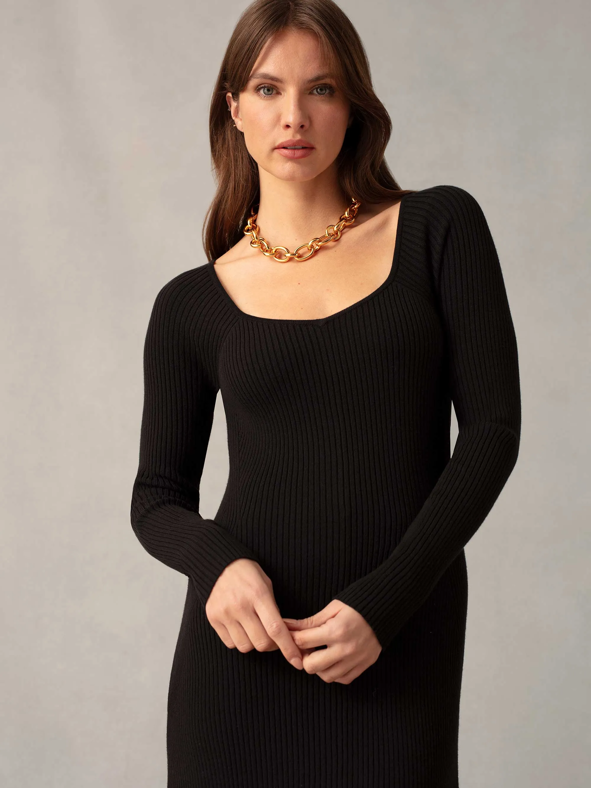 Black Rib Knit Sweetheart Neckline Midi Dress