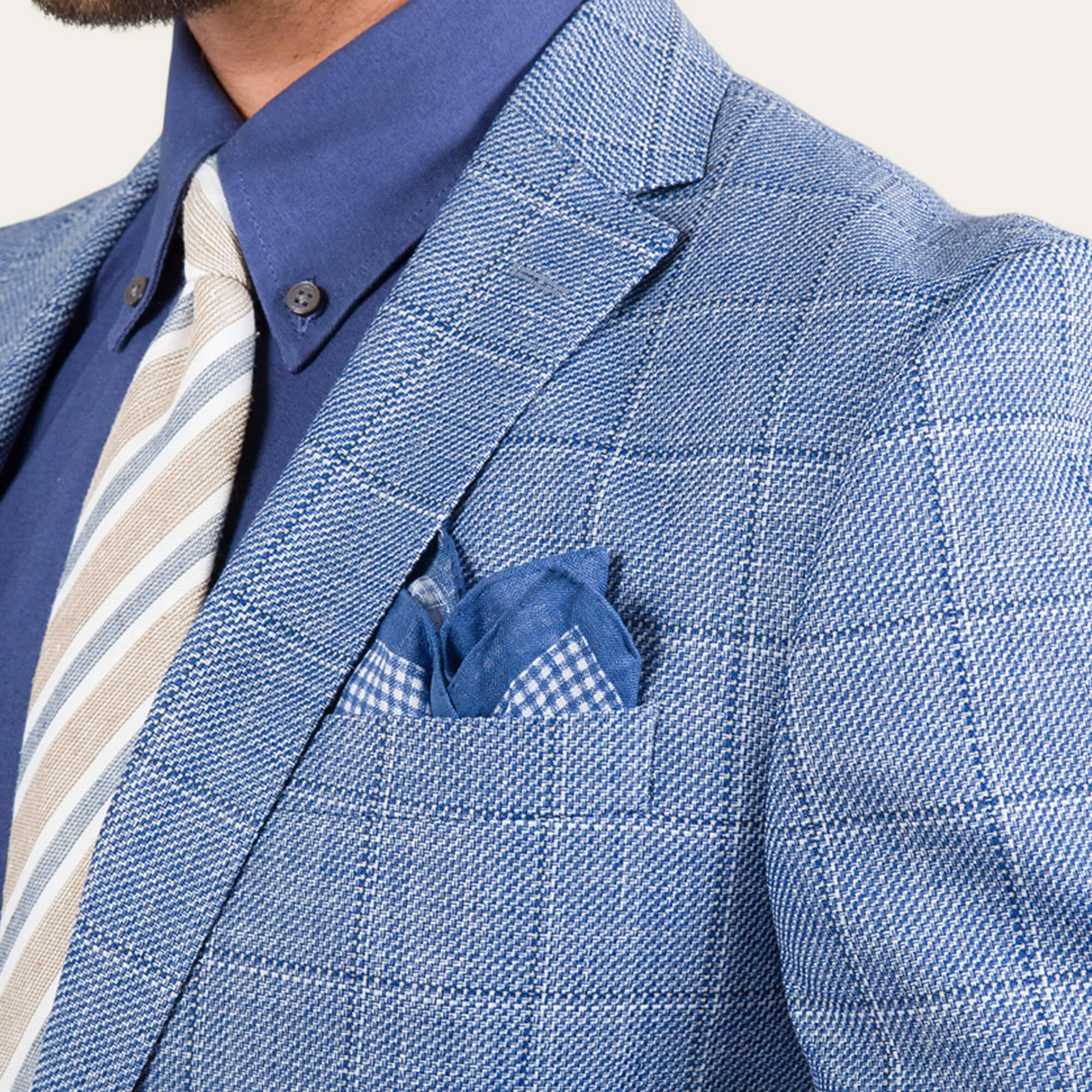 Blue Linen Blend Windowpane Check Jacket