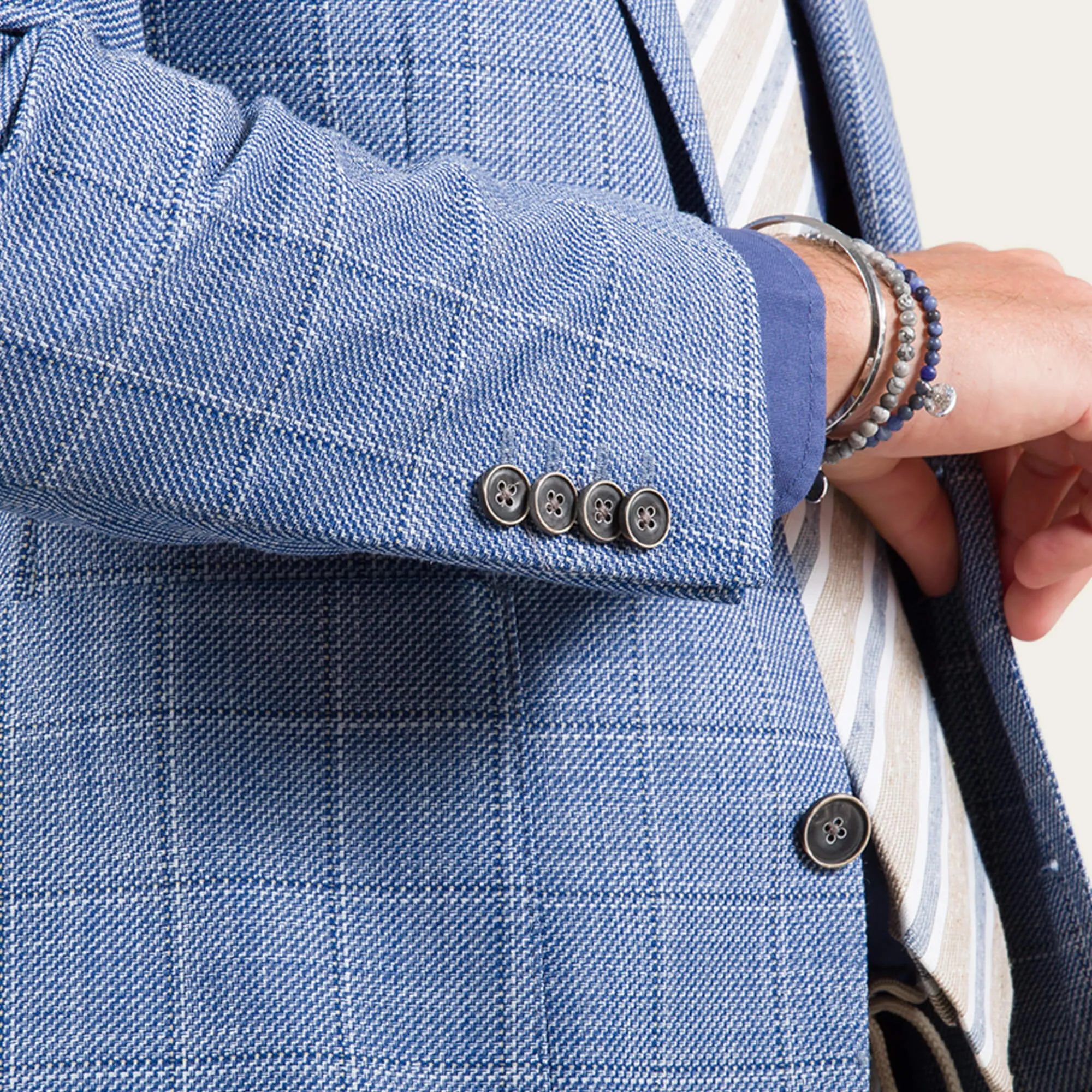 Blue Linen Blend Windowpane Check Jacket