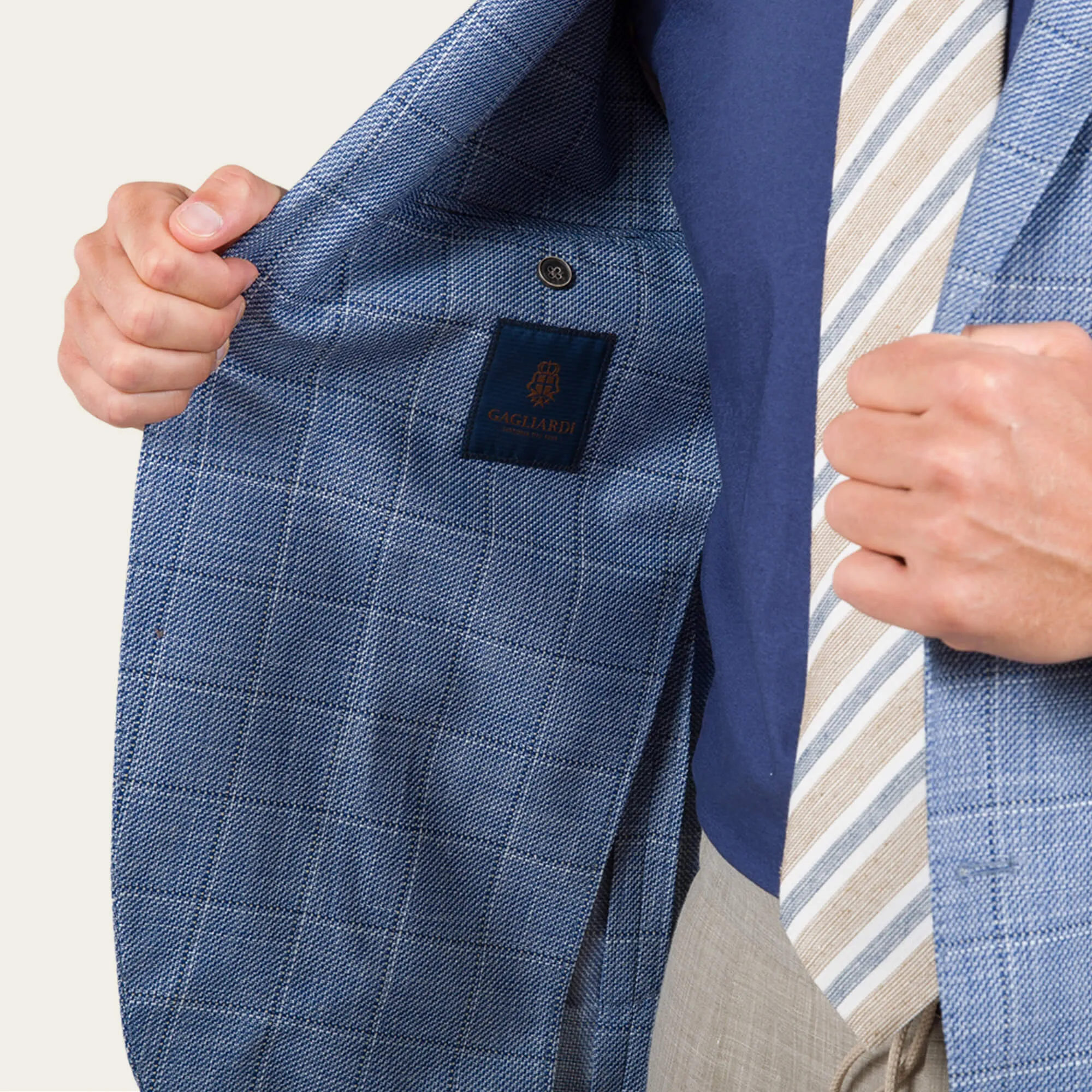 Blue Linen Blend Windowpane Check Jacket