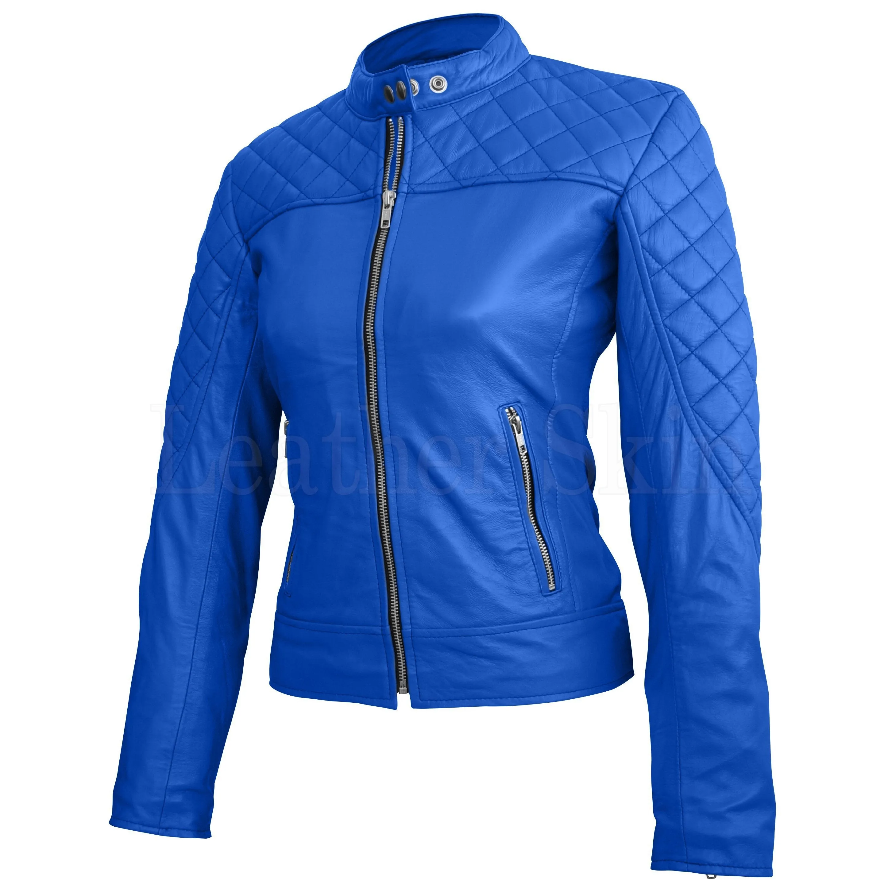 Blue Quilted Stylish Genuine Leather Jacket