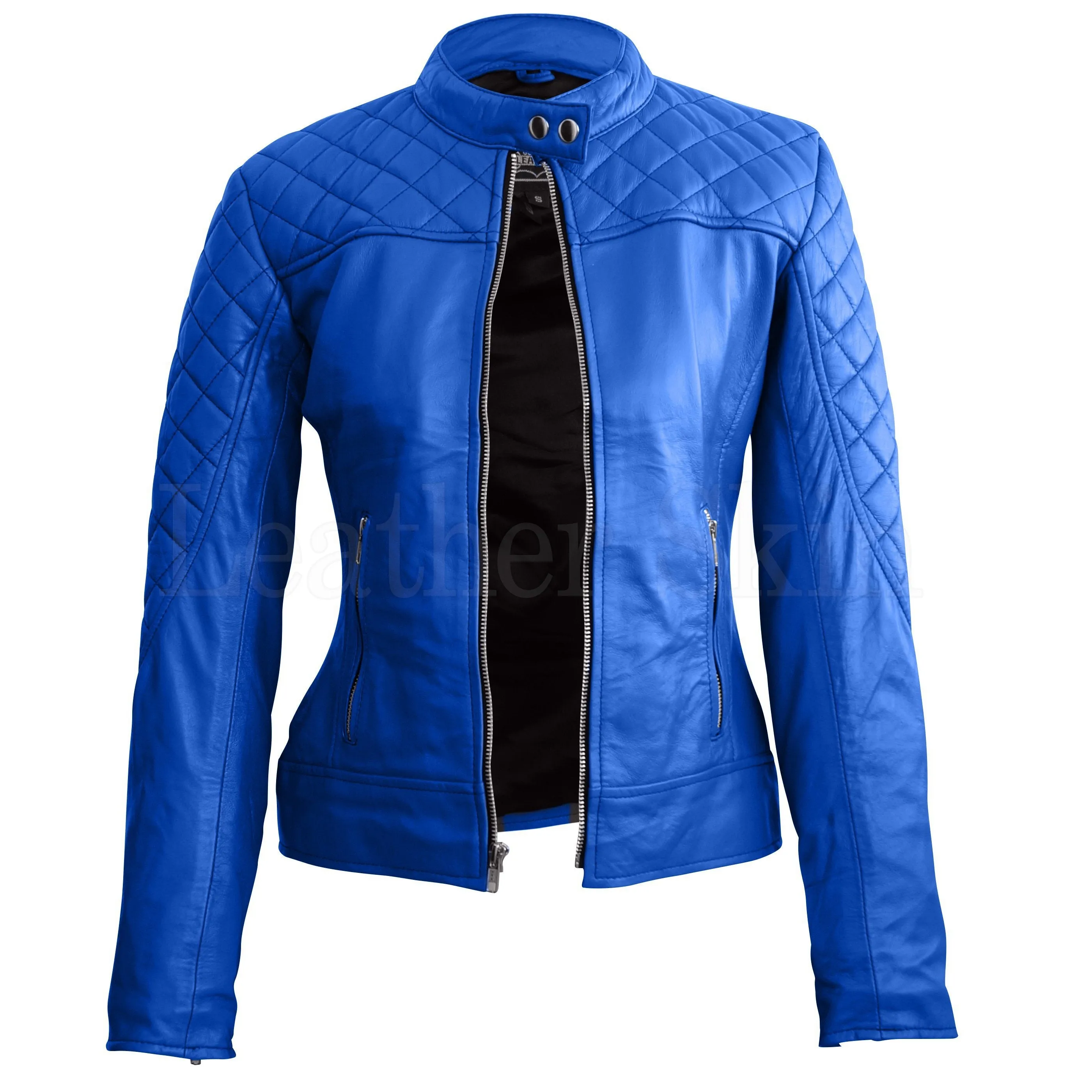 Blue Quilted Stylish Genuine Leather Jacket