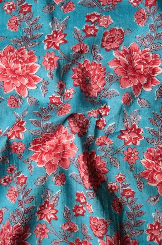 Blue Red Floral Pattern Printed Summer Pure Cotton Fabric