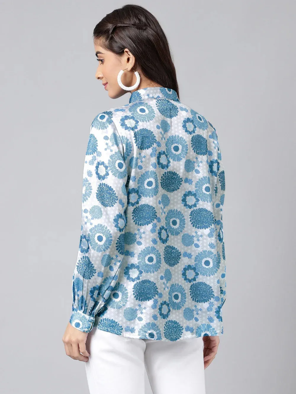 Blue Satin Digital Floral Printed Shirt Style Top