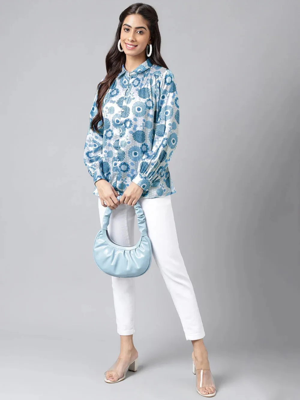 Blue Satin Digital Floral Printed Shirt Style Top