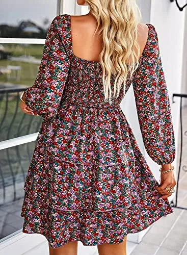 BTFBM Women 2023 Spring Summer Square Neck Smocked Dresses Long Sleeve Floral Swiss Dot Ruffle Party Mini Babydoll Dress(Floral Red Pink, Medium)