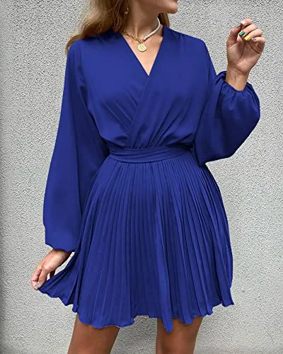 BTFBM Women 2023 Summer Casual Dresses Boho Wrap V Neck Puff Long Sleeve Beach Cocktail Flowy Pleated A-Line Mini Dress(Solid Royal Blue, X-Large)