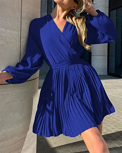 BTFBM Women 2023 Summer Casual Dresses Boho Wrap V Neck Puff Long Sleeve Beach Cocktail Flowy Pleated A-Line Mini Dress(Solid Royal Blue, X-Large)