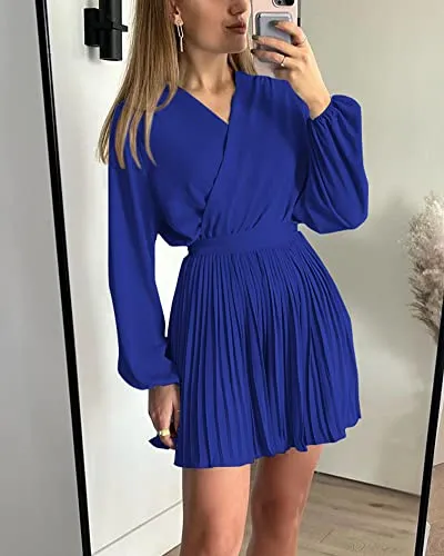 BTFBM Women 2023 Summer Casual Dresses Boho Wrap V Neck Puff Long Sleeve Beach Cocktail Flowy Pleated A-Line Mini Dress(Solid Royal Blue, X-Large)