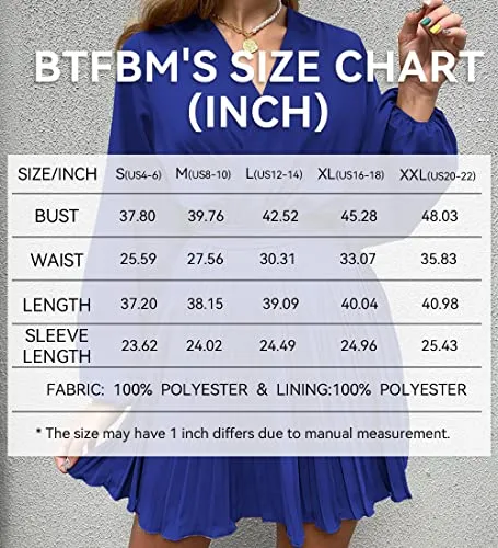 BTFBM Women 2023 Summer Casual Dresses Boho Wrap V Neck Puff Long Sleeve Beach Cocktail Flowy Pleated A-Line Mini Dress(Solid Royal Blue, X-Large)