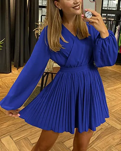 BTFBM Women 2023 Summer Casual Dresses Boho Wrap V Neck Puff Long Sleeve Beach Cocktail Flowy Pleated A-Line Mini Dress(Solid Royal Blue, X-Large)