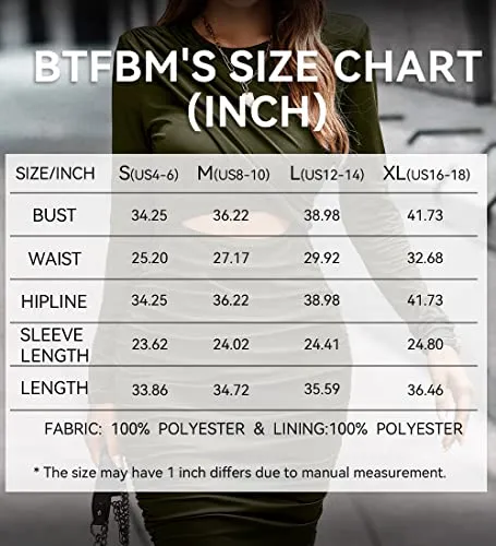 BTFBM Women Long Sleeve Fall Dress 2022 Crew Neck Ruched Bodycon Hollow Out Waist Fashion Party Club Casual Mini Dresses(Solid Army Green, Small)