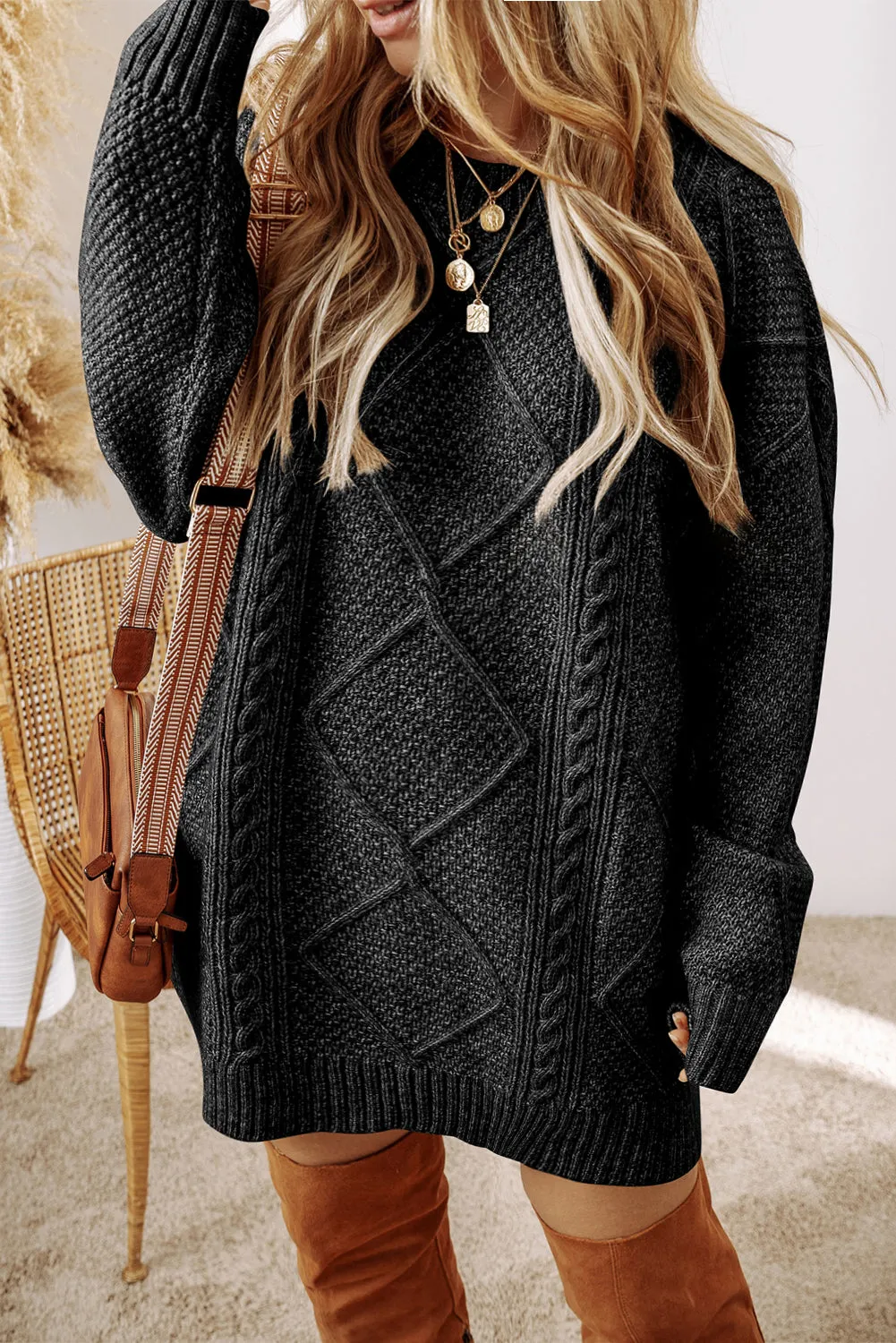 Cable Knit Loose Fit Oversized Sweater Dress