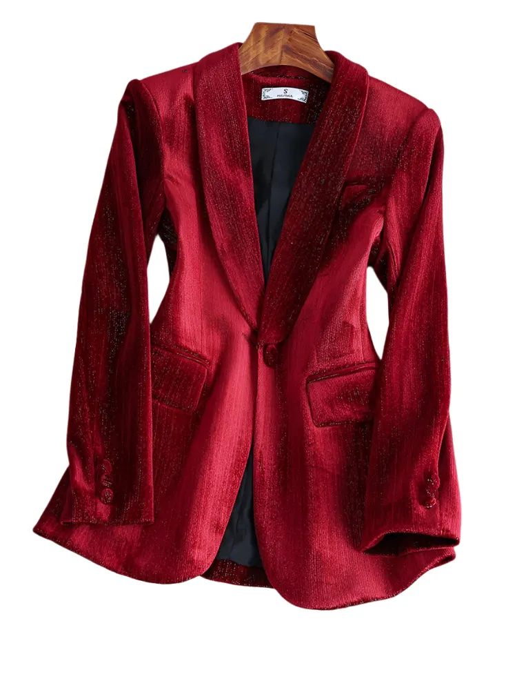 CAROLINE SUITS Women's Elegant Stylish Fashion Office Professional Solid Color Burgundy Red Velvet Blazer Jacket