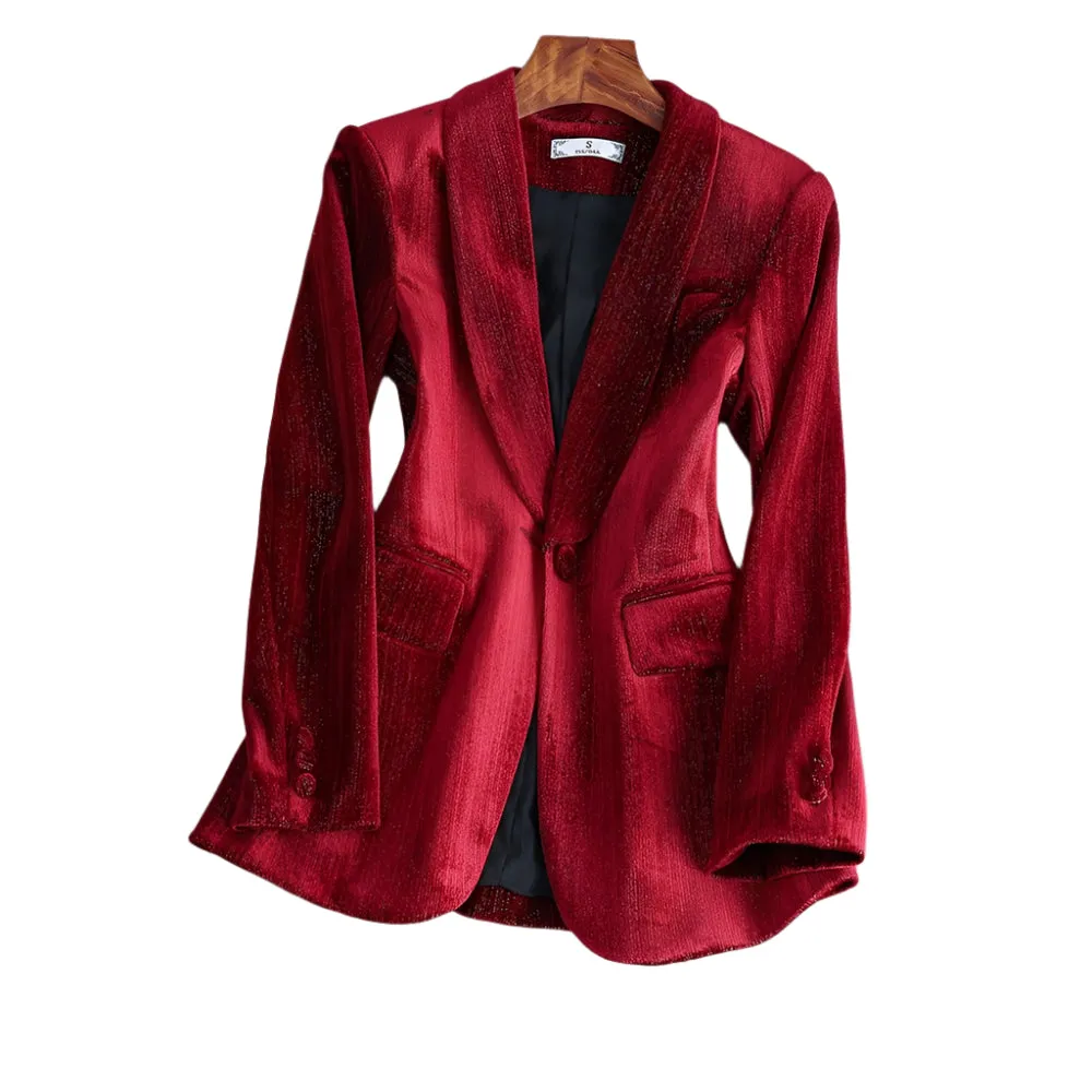 CAROLINE SUITS Women's Elegant Stylish Fashion Office Professional Solid Color Burgundy Red Velvet Blazer Jacket