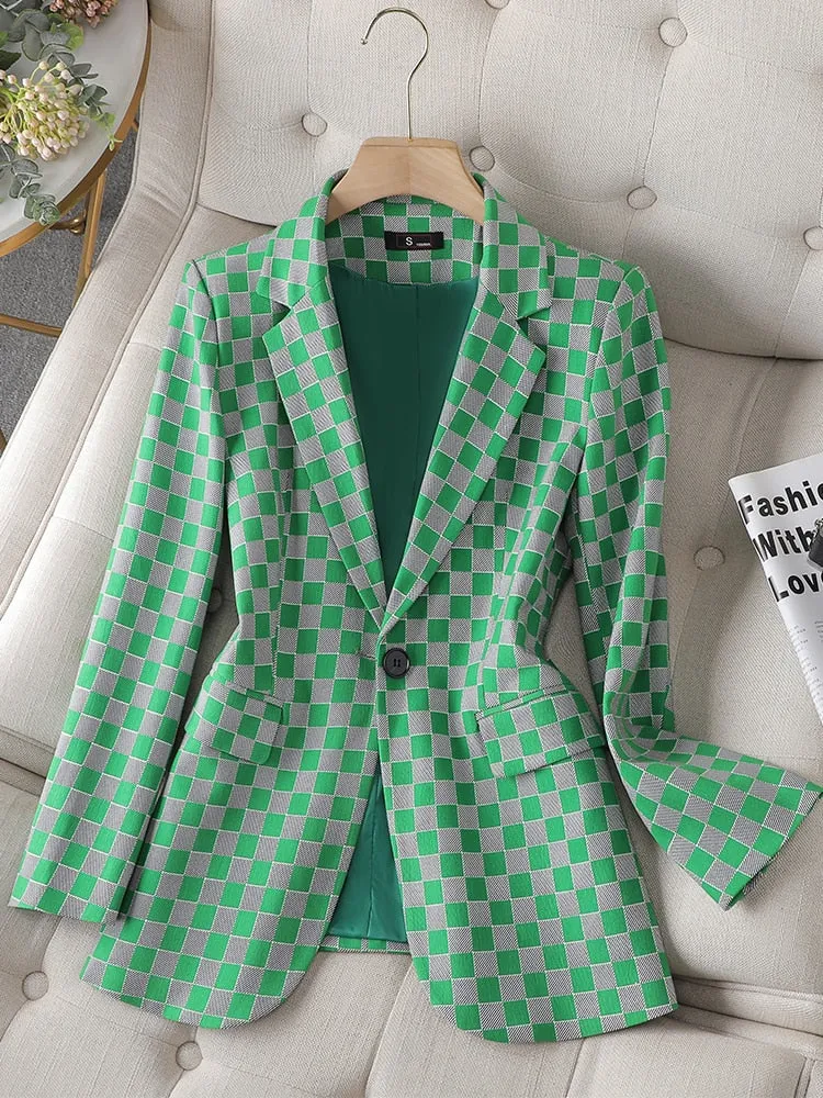 CAROLINE SUITS Women's Elegant Stylish Fashion Office Professional Woven Green Plaid Blazer Jacket