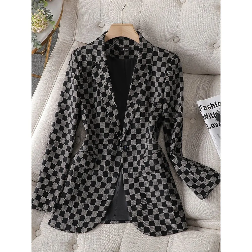 CAROLINE SUITS Women's Elegant Stylish Fashion Office Professional Woven Green Plaid Blazer Jacket