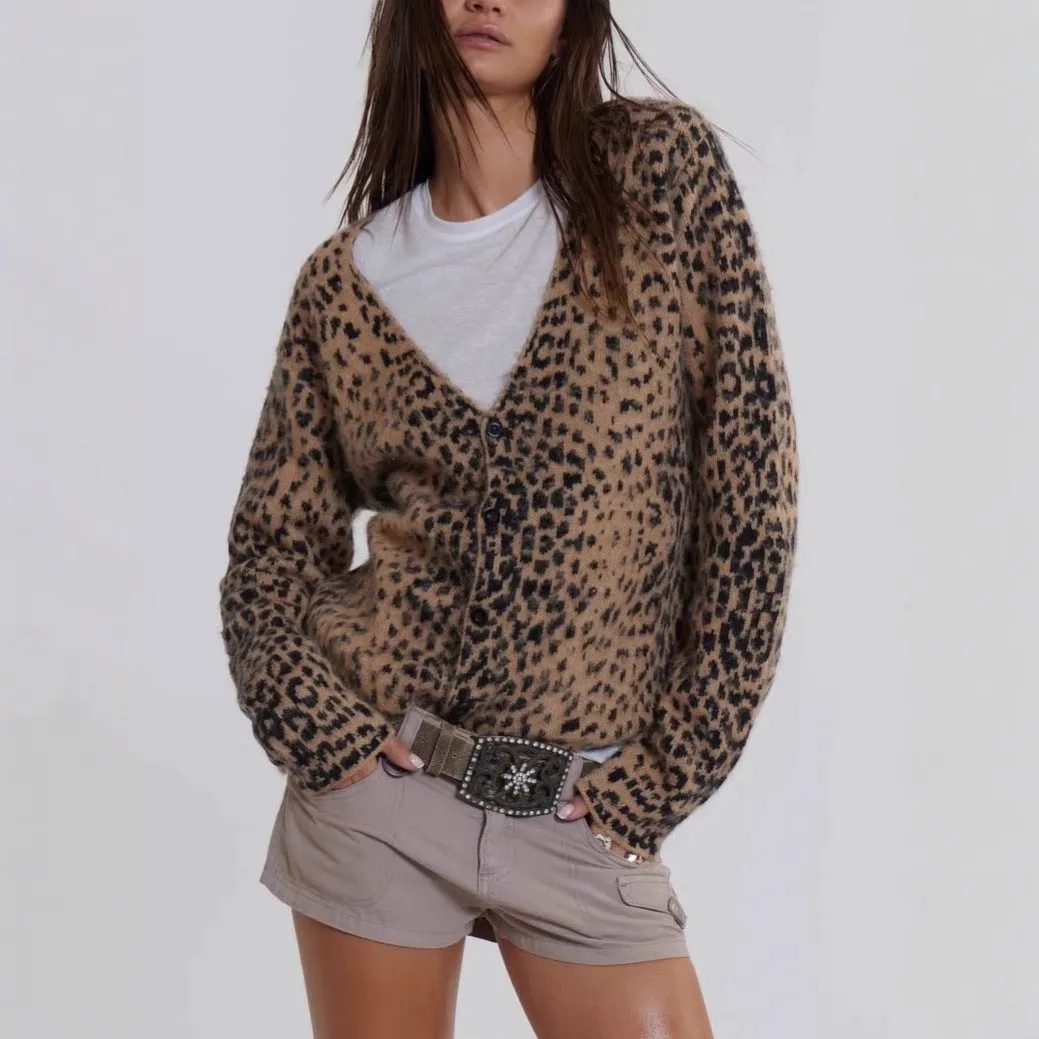 Casual Knit Leopard Print Long Sleeve V Neck Button Down Sweater Cardigan