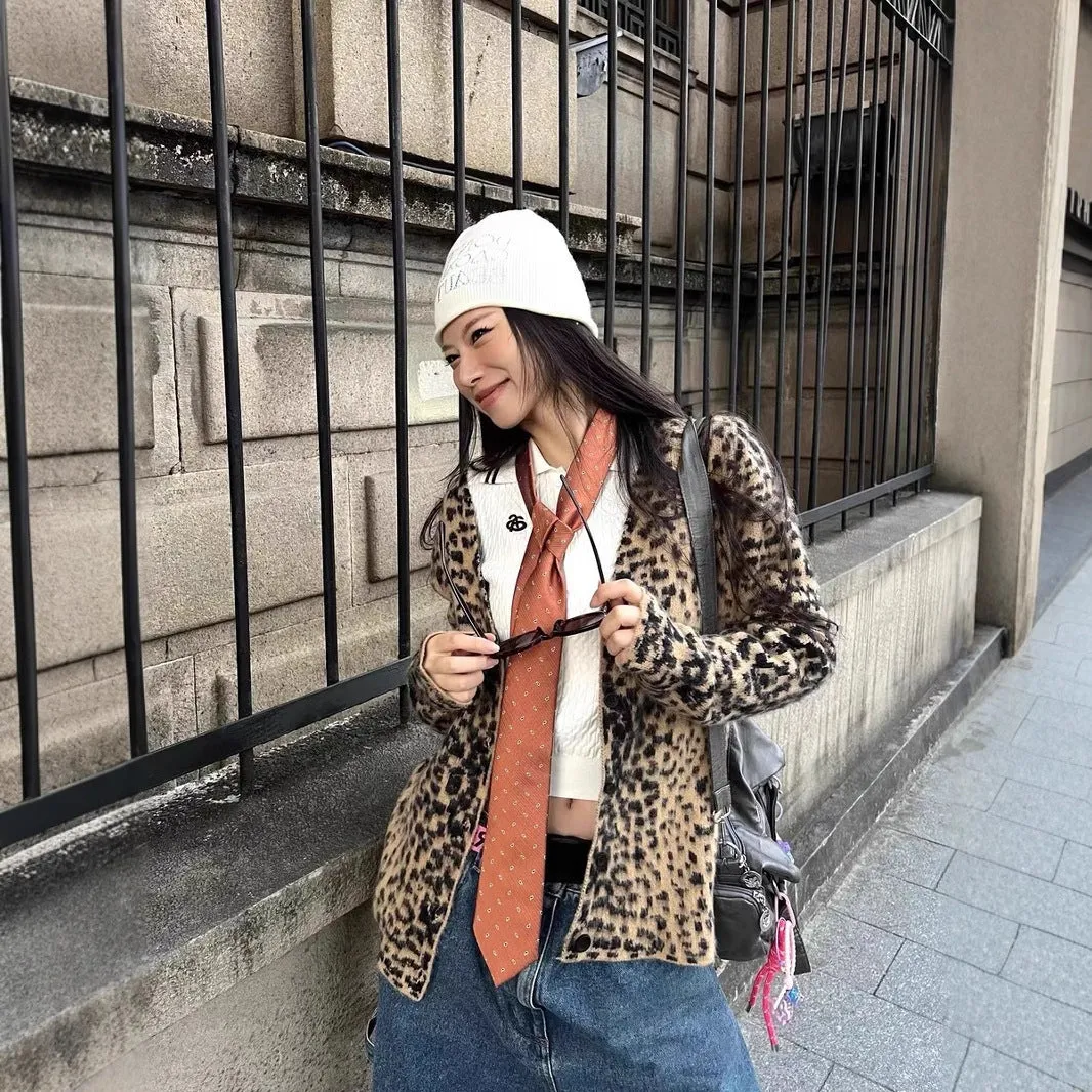 Casual Knit Leopard Print Long Sleeve V Neck Button Down Sweater Cardigan