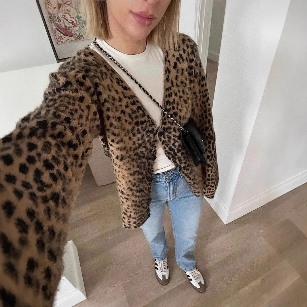 Casual Knit Leopard Print Long Sleeve V Neck Button Down Sweater Cardigan