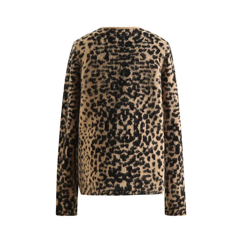 Casual Knit Leopard Print Long Sleeve V Neck Button Down Sweater Cardigan