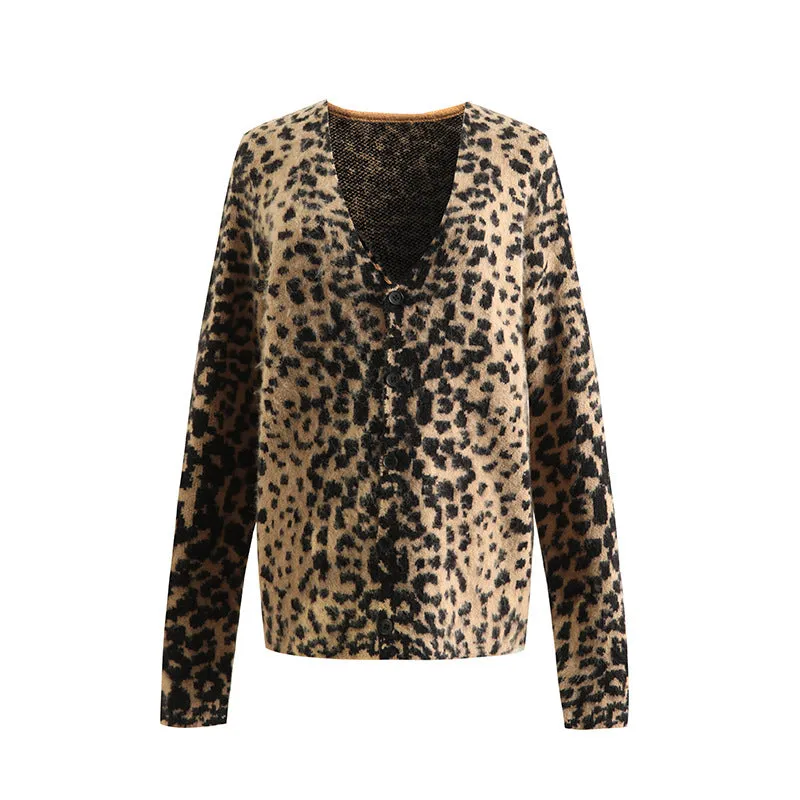 Casual Knit Leopard Print Long Sleeve V Neck Button Down Sweater Cardigan