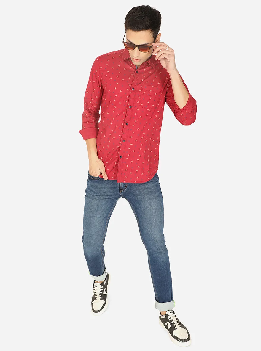 Chili Paper Red Printed Slim Fit Semi Casual Shirt | JadeBlue