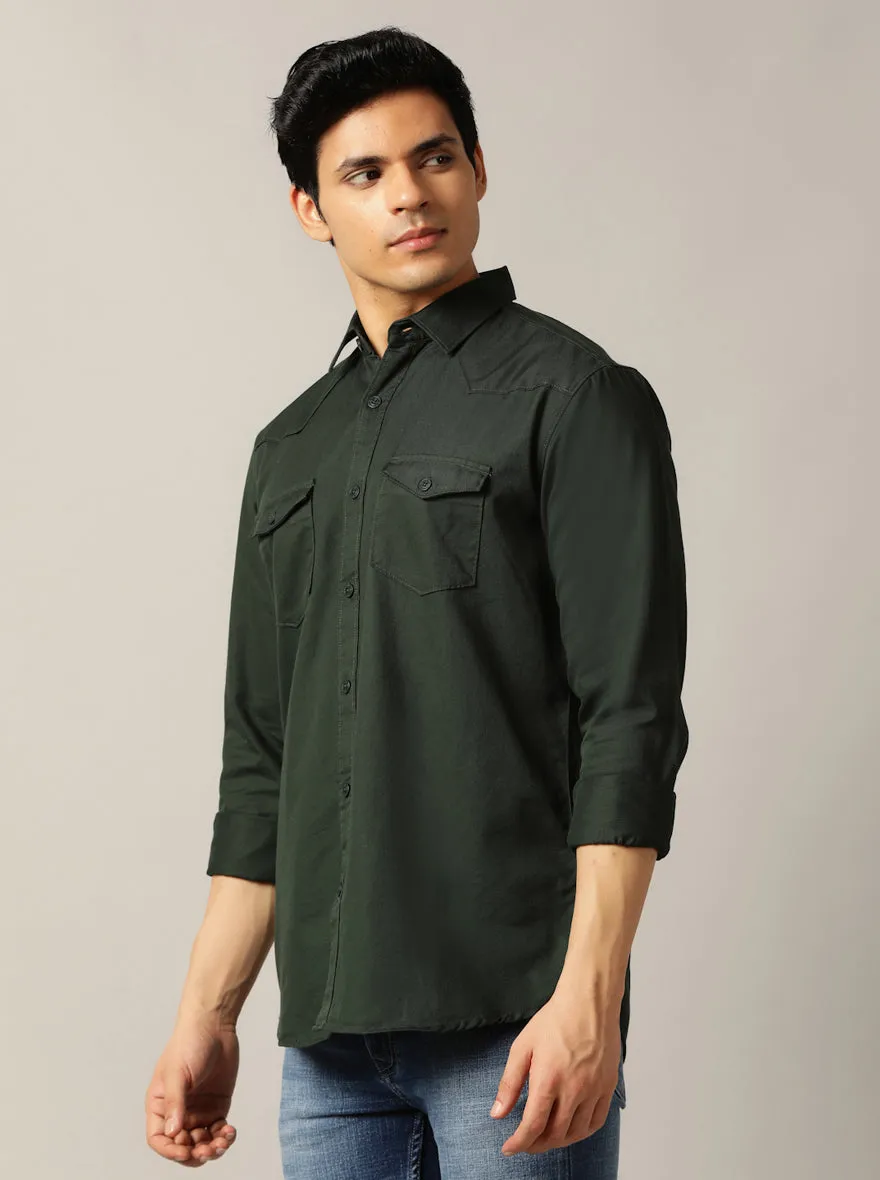 Dark Olive Solid Slim Fit Casual Shirt | JadeBlue