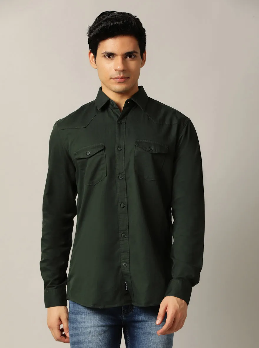 Dark Olive Solid Slim Fit Casual Shirt | JadeBlue