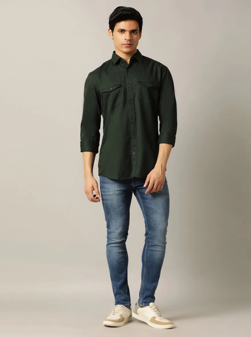 Dark Olive Solid Slim Fit Casual Shirt | JadeBlue