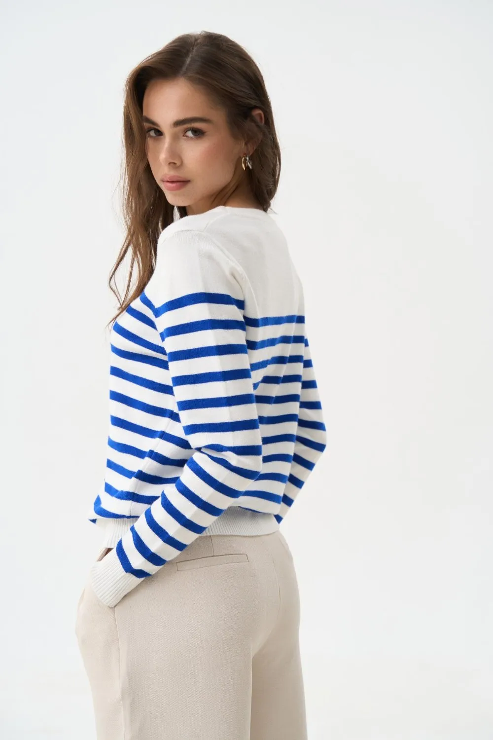 Electric Blue Striped Knit Sweater with a Crew Neck