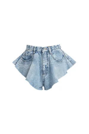 Fashionable Ruffled Flare Leg High Waist Faded Denim Micro Shorts