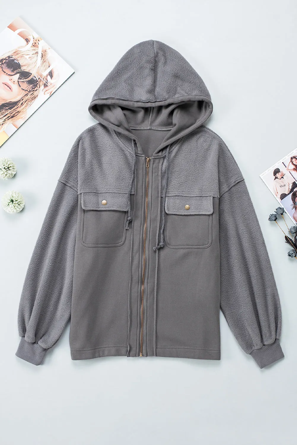 Flap Pocket Drawstring Hood Zip Up Jacket