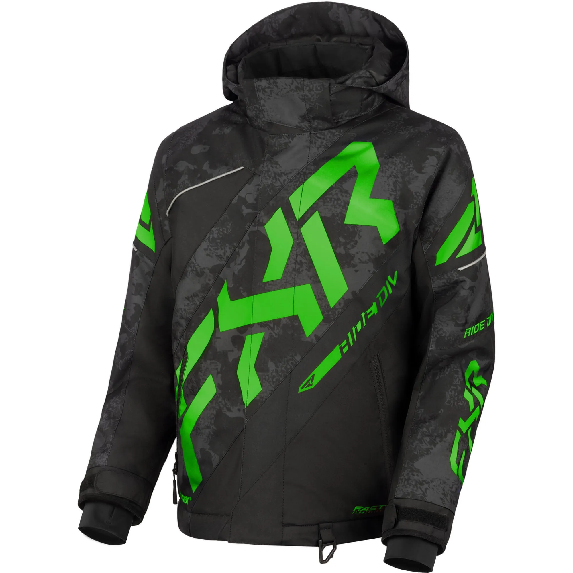 FXR Child CX Snowmobile Jacket Black Camo/Lime Green