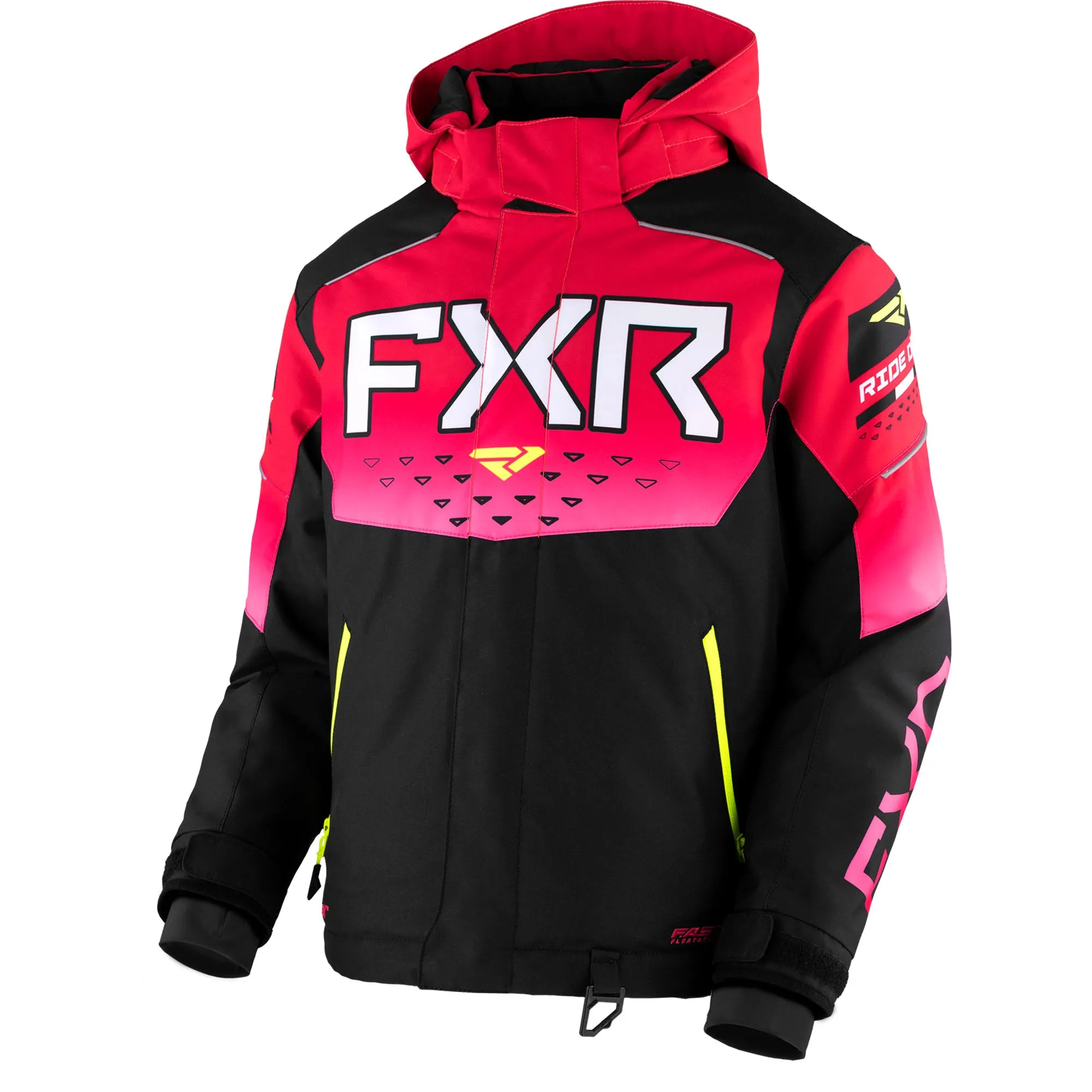 FXR Child Helium Snowmobile Jacket Black/Raspberry Fade/HiVis Red